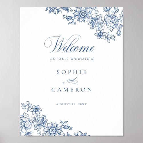 Elegant Floral Vintage Blue Wedding Welcome Poster