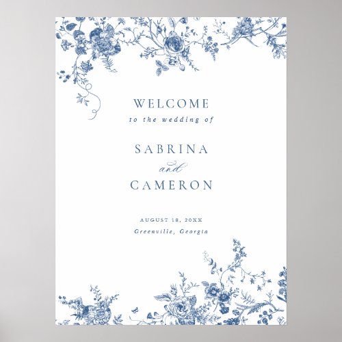 Elegant Floral Vintage Blue Wedding Welcome Sign