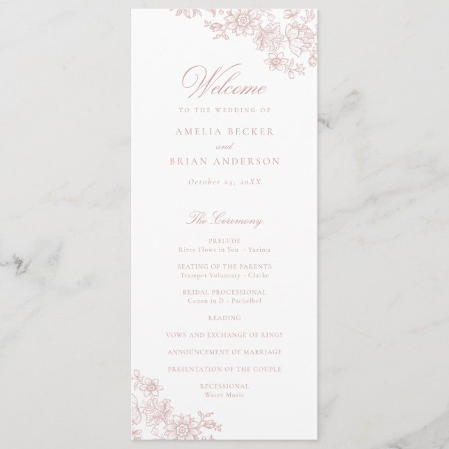 Elegant Floral Vintage Blush Pink Wedding Program (Front)