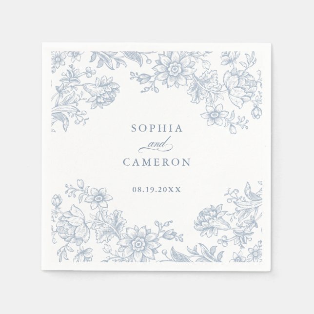 Elegant Floral Vintage Botanical Blue Wedding Napkins (Front)