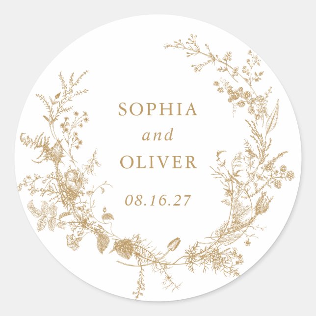 Elegant Floral Vintage Botanical Gold Wedding Classic Round Sticker (Front)