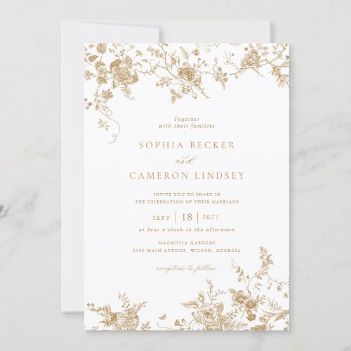Elegant Floral Vintage Botanical Gold Wedding Invitation