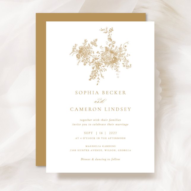 Elegant Floral Vintage Botanical Gold Wedding Invitation (Creator Uploaded)