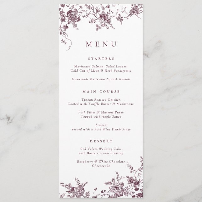 Elegant Floral Vintage Botanical Merlot Menu (Front)