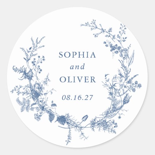 Elegant Floral Vintage Botanical Navy Blue Wedding Classic Round Sticker