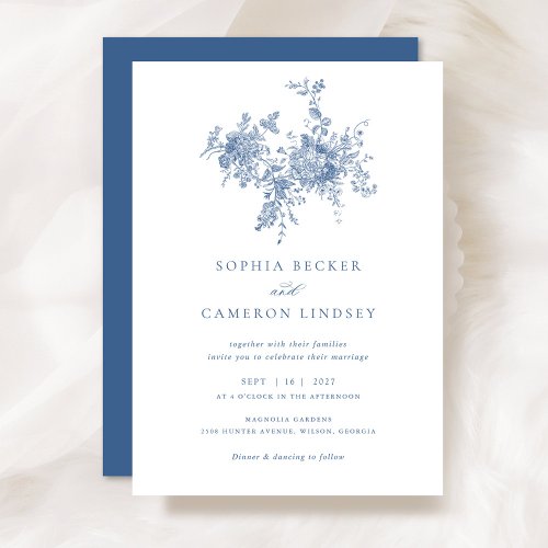 Elegant Floral Vintage Botanical Navy Blue Wedding Invitation