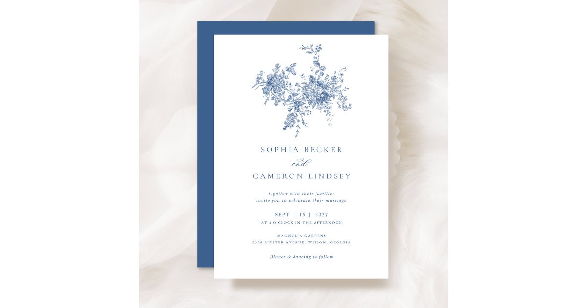 Elegant Floral Vintage Botanical Navy Blue Wedding Invitation | Zazzle