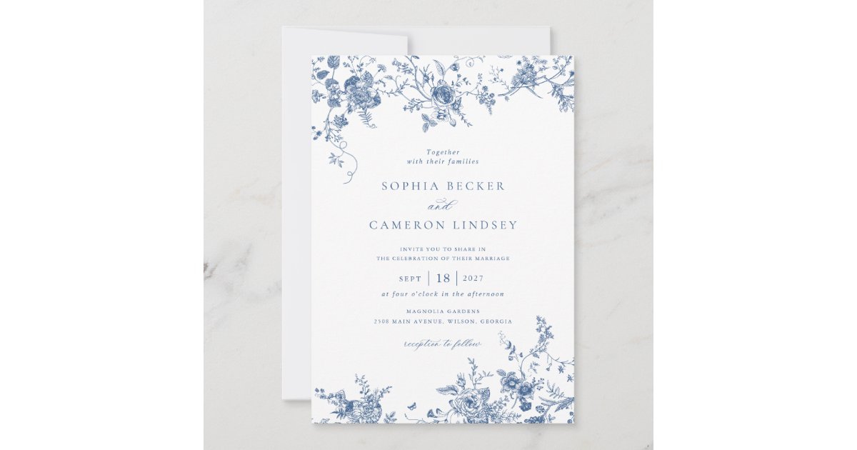 Elegant Floral Vintage Botanical Navy Blue Wedding Invitation | Zazzle