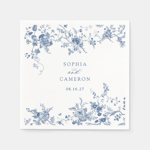 Elegant Floral Vintage Botanical Navy Blue Wedding Napkins