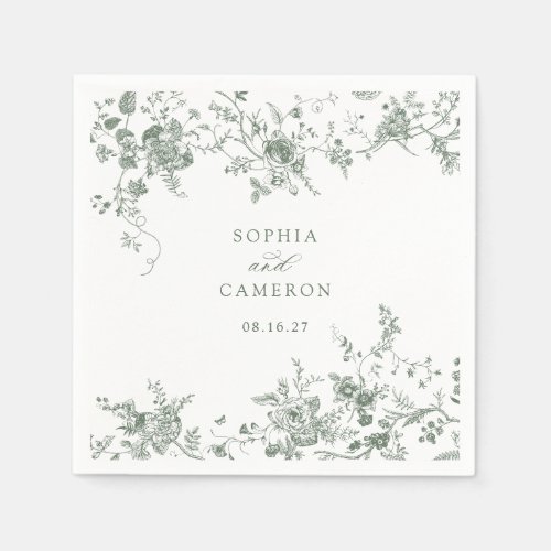 Elegant Floral Vintage Botanical Sage Wedding Napkins