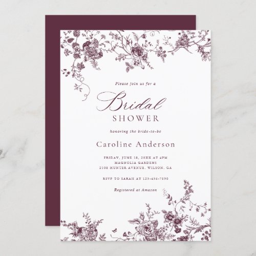 Elegant Floral Vintage Burgundy Bridal Shower Invitation