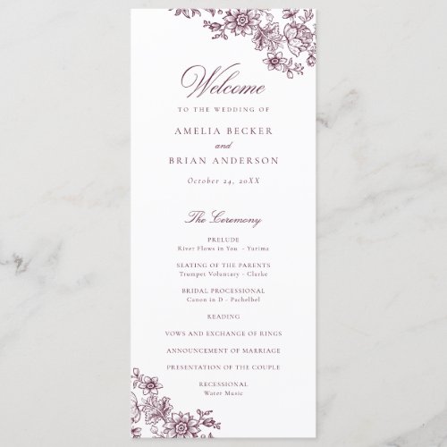 Elegant Floral Vintage Burgundy Wedding Program