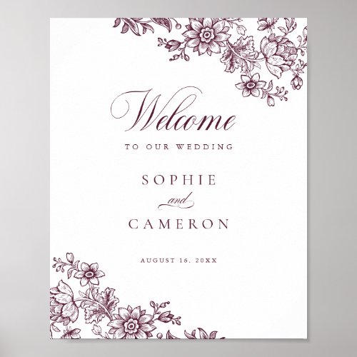 Elegant Floral Vintage Burgundy Wedding Welcome Poster