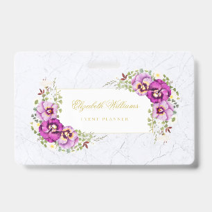Elegant Floral Vintage Chic Marble Purple Pansies Badge