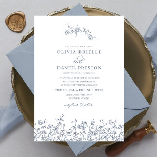 Elegant Floral Vintage Dusty Blue Wedding Invitation
