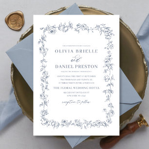 Elegant Floral Vintage Dusty Blue Wedding Invitation