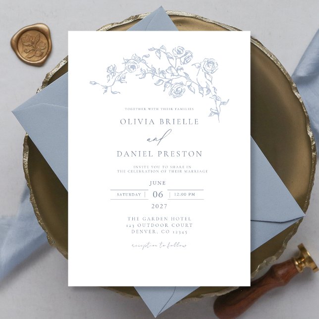 Elegant Floral Vintage Dusty Blue Wedding Invitation (Creator Uploaded)