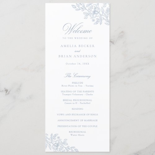 Elegant Floral Vintage Dusty Blue Wedding Program