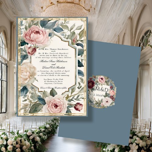 Elegant Floral Vintage French Blue Classic Wedding Invitation