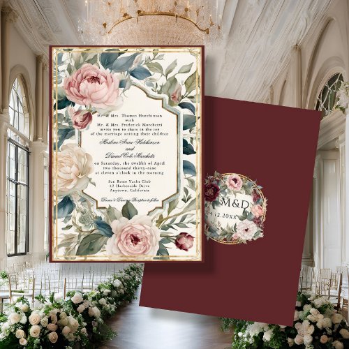 Elegant Floral Vintage French Classic Wine Wedding Invitation