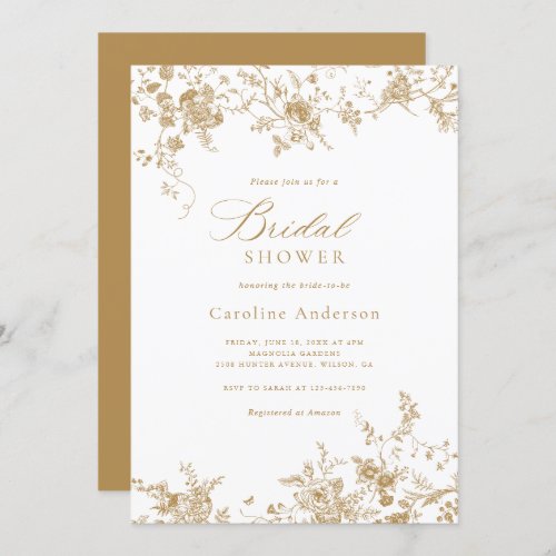 Elegant Floral Vintage Gold Script Bridal Shower Invitation