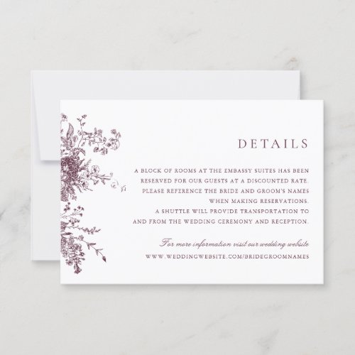 Elegant Floral Vintage Merlot Wedding Details Invitation