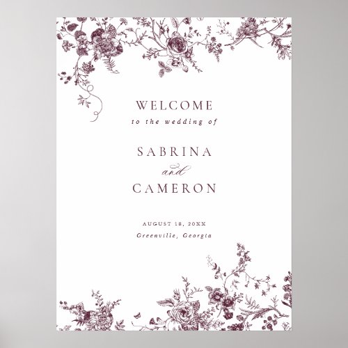 Elegant Floral Vintage Merlot Wedding Welcome Sign