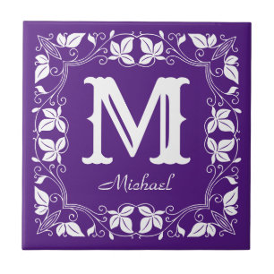 Elegant Floral Vintage Monogram Custom Name  Ceramic Tile