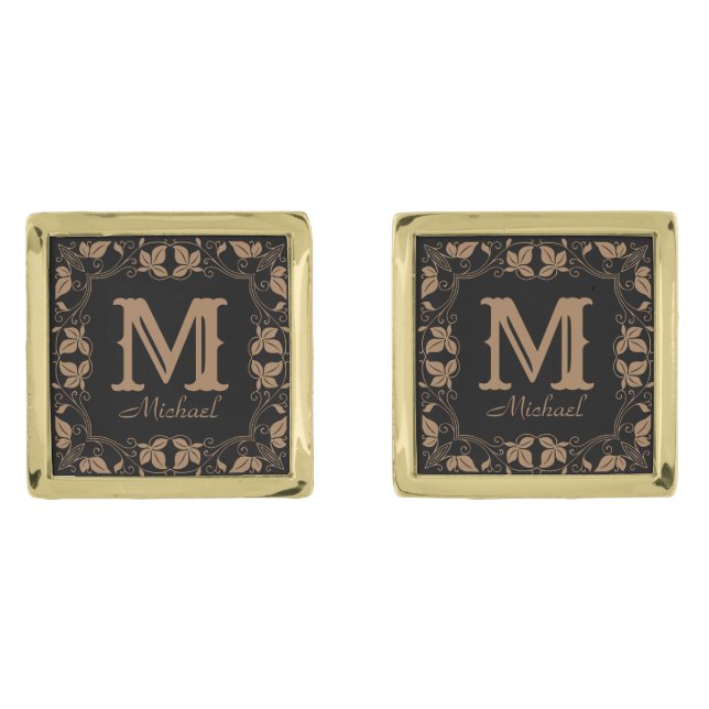 Elegant Floral Vintage Monogram Custom Name  Cufflinks (Front)