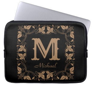 Elegant Floral Vintage Monogram Custom Name Laptop Sleeve
