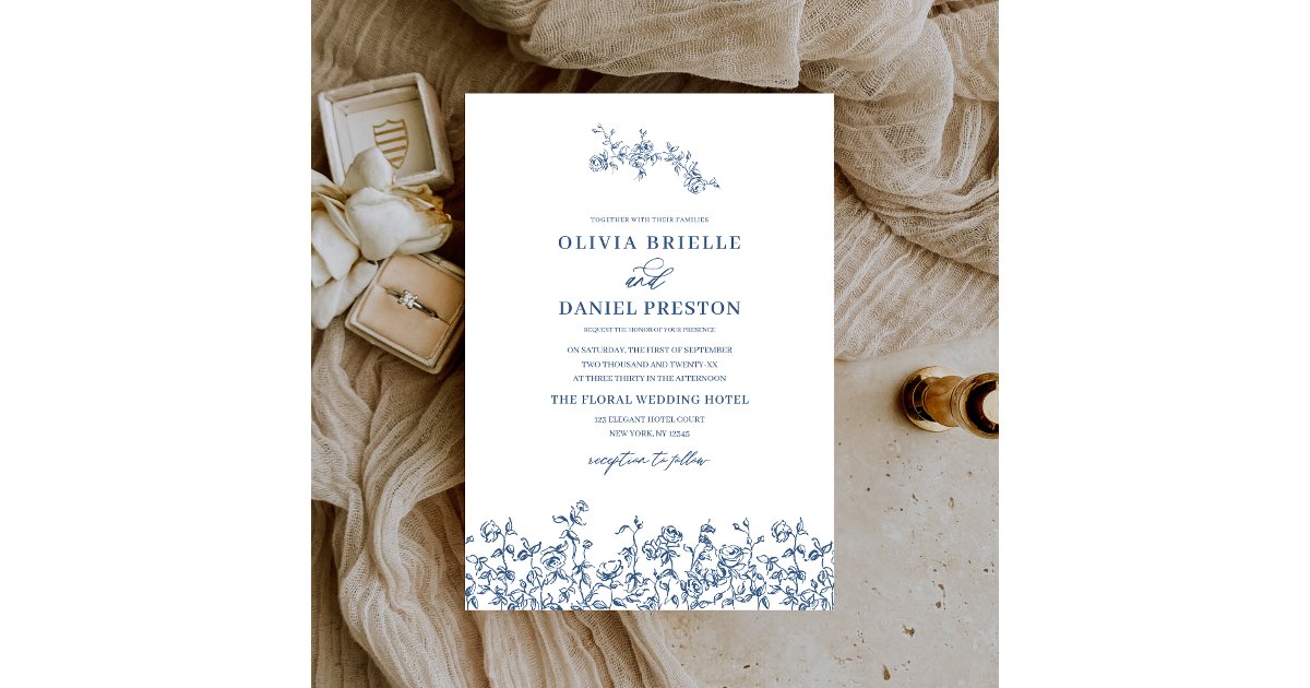 Elegant Floral Vintage Navy Blue Botanical Wedding Invitation | Zazzle