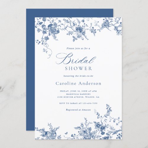 Elegant Floral Vintage Navy Blue Bridal Shower Invitation