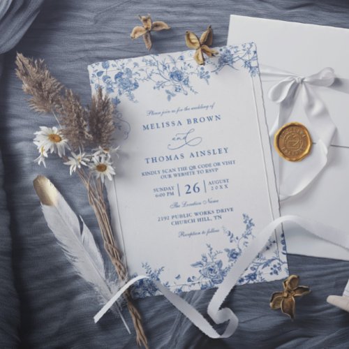 Elegant Floral Vintage Navy Blue QR Code Wedding