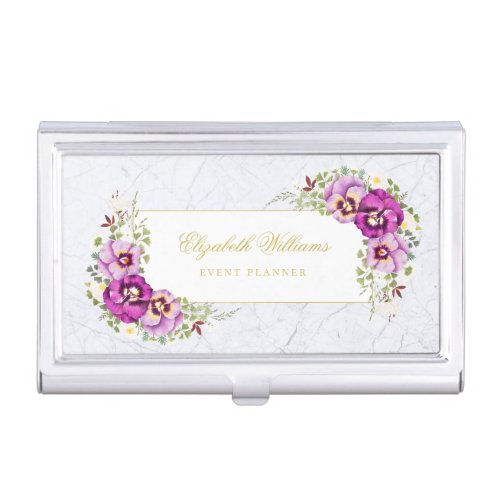 Elegant Floral Vintage Pansies Purple Chic Marble Business Card Case