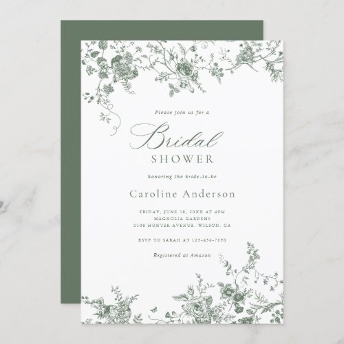 Elegant Floral Vintage Sage Green Bridal Shower Invitation