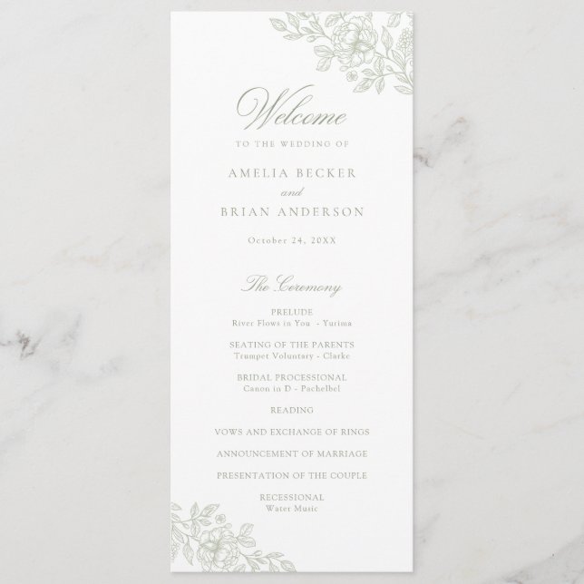 Elegant Floral Vintage Sage Green Wedding Program (Front)