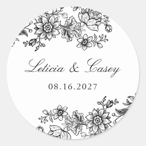 Elegant Floral Vintage Wedding Black White Classic Round Sticker