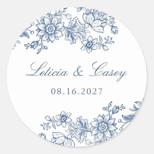 Elegant Floral Vintage Wedding Blue Classic Round Sticker