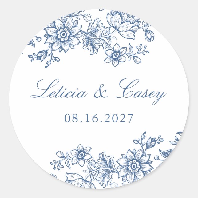 Elegant Floral Vintage Wedding Blue Classic Round Sticker (Front)