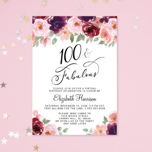 Elegant Floral Virtual 100th Birthday Party Invitation