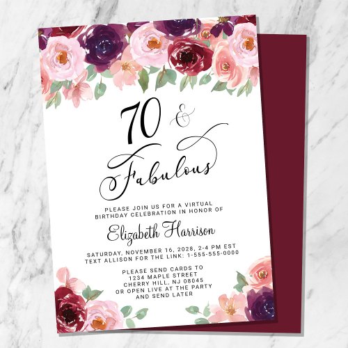 Elegant Floral Virtual 70th Birthday Party Invitation