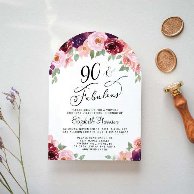 Elegant Floral Virtual 90th Birthday Party Arch Invitation (Creator Uploaded)