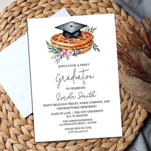 Elegant Floral Waffle Graduation Invitation (Sweet success! 🎓🥞 Celebrate with waffles & good company. #ClassOf2025")