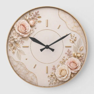 Elegant Floral Wall Clock – Blush Roses, Gold