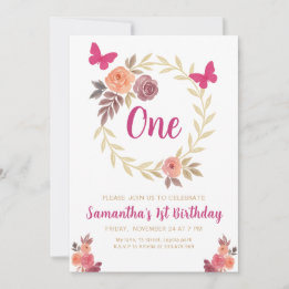 Elegant Floral Watercolor 1st Birthday Invitation
