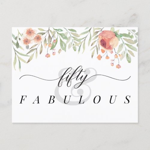 Elegant Floral Watercolor 50  Fabulous Birthday Invitation Postcard