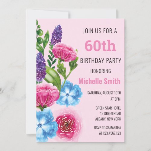 Elegant Floral Watercolor 60th Birthday Invitation