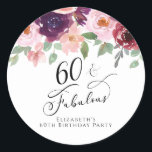 Elegant Floral Watercolor 60th Birthday Party Classic Round Sticker<br><div class="desc">Send out your sixtieth birthday party invitations and correspondence sealed with these elegant and chic personalized stickers with "60 & Fabulous" written in a pretty script and watercolor bouquets of burgundy red,  blush pink and plum purple florals with light sage greenery. Personalize with your name.</div>