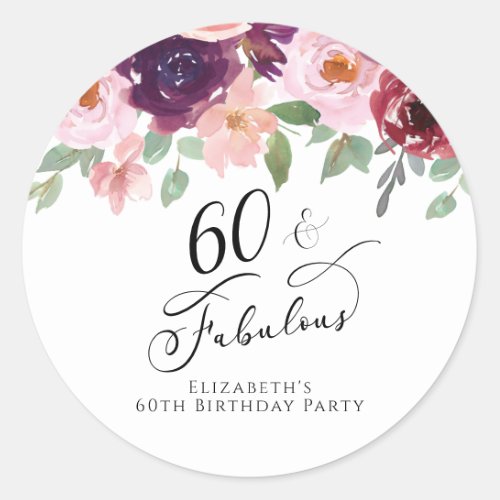 Elegant Floral Watercolor 60th Birthday Party Classic Round Sticker