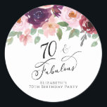 Elegant Floral Watercolor 70th Birthday Party Classic Round Sticker<br><div class="desc">Send out your seventieth birthday party invitations and correspondence sealed with these elegant and chic personalized stickers with "70 & Fabulous" written in a chic script and watercolor bouquets of burgundy red,  blush pink and plum purple florals with light sage greenery. Personalize with your name.</div>
